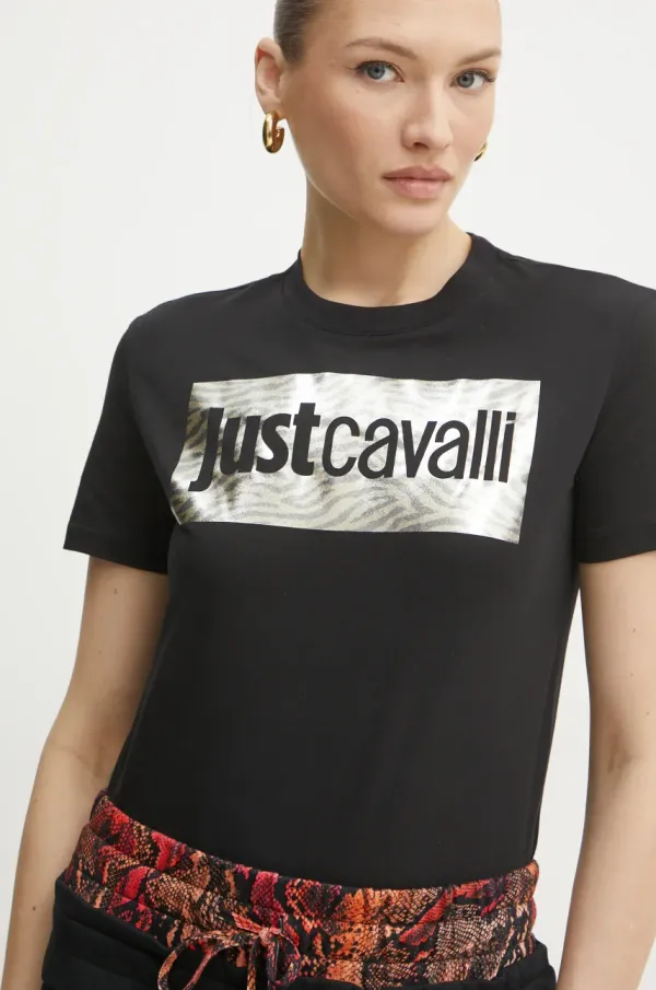 Just Cavalli Pamučna majica Just Cavalli za žene, boja: crna, 78PAHT15 CJ500