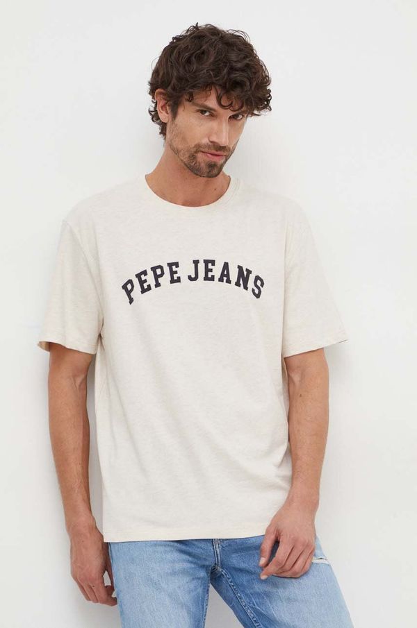 Pepe Jeans Pamučna majica Pepe Jeans za muškarce, boja: bež, s tiskom
