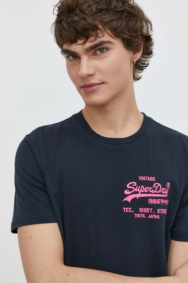 Superdry Pamučna majica Superdry za muškarce, boja: tamno plava, s aplikacijom