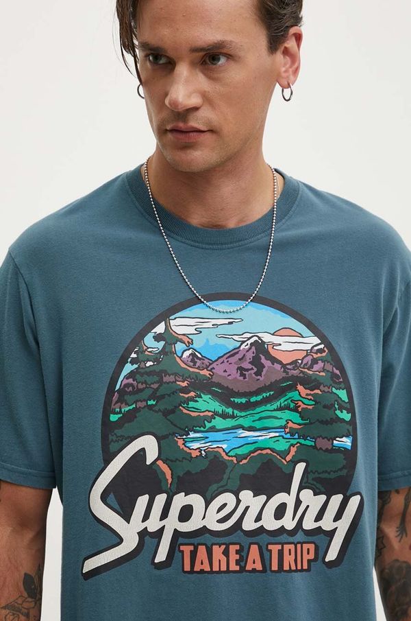 Superdry Pamučna majica Superdry za muškarce, boja: tirkizna, s tiskom, M1012187A-1XJ