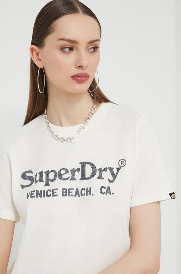 Superdry Pamučna majica Superdry za žene, boja: bež