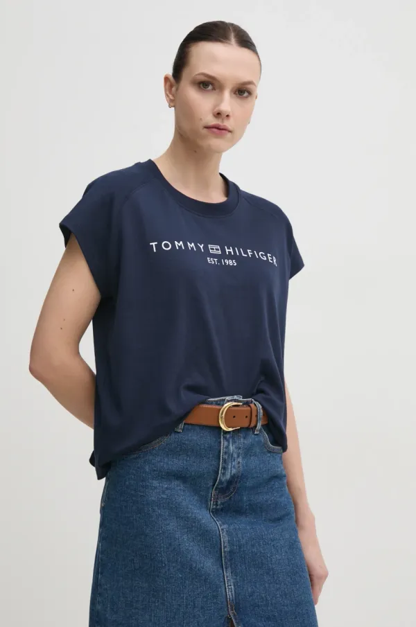 Tommy Hilfiger Pamučna majica Tommy Hilfiger za žene, boja: tamno plava, WW0WW46113