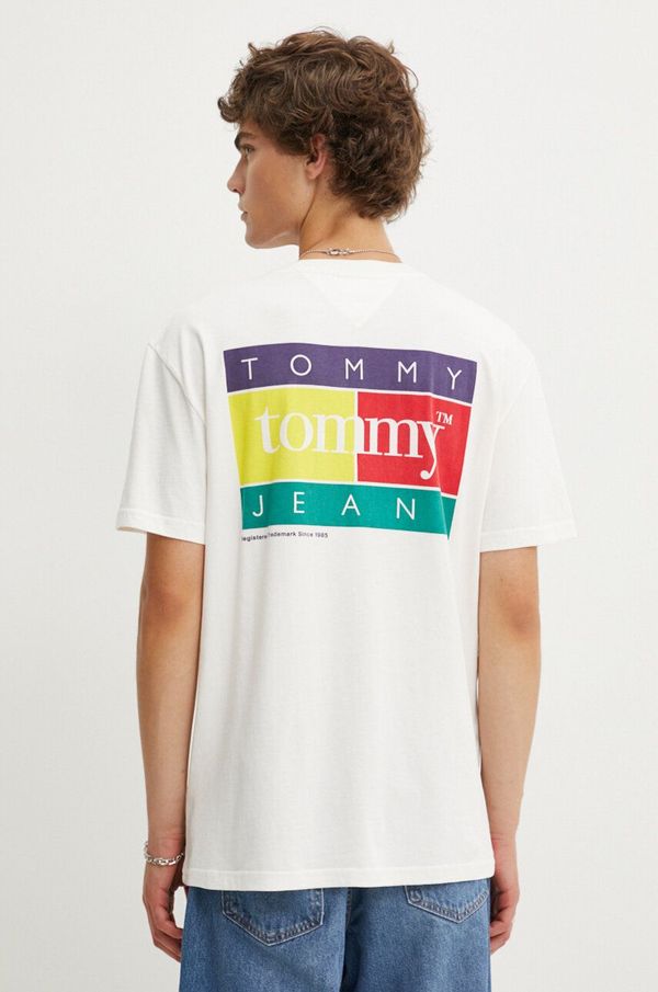 Tommy Jeans Pamučna majica Tommy Jeans za muškarce, boja: bež, s tiskom, DM0DM18527