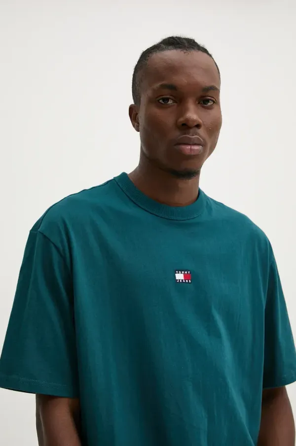 Tommy Jeans Pamučna majica Tommy Jeans za muškarce, boja: zelena, s aplikacijom, DM0DM19737