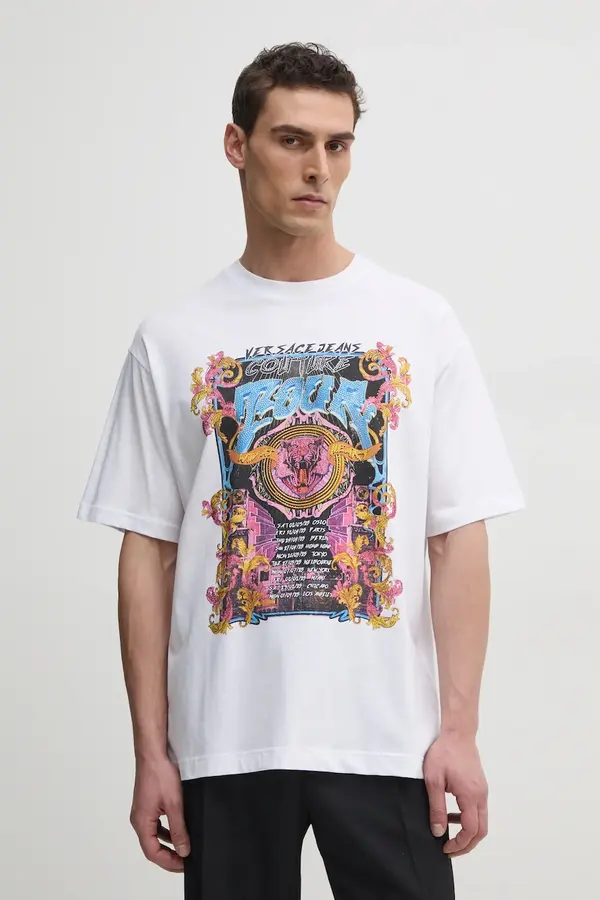 Versace Pamučna majica Versace Jeans Couture za muškarce, boja: bijela, s tiskom, 78GAHC03 CJ01C