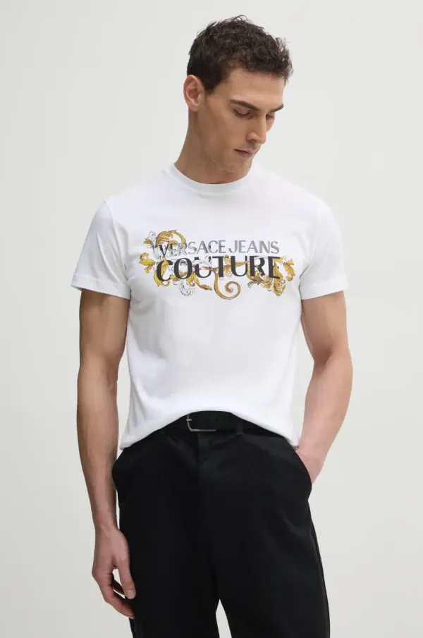Versace Jeans Couture Pamučna majica Versace Jeans Couture za muškarce, boja: bijela, s tiskom, 78GAHC05 CJ01C