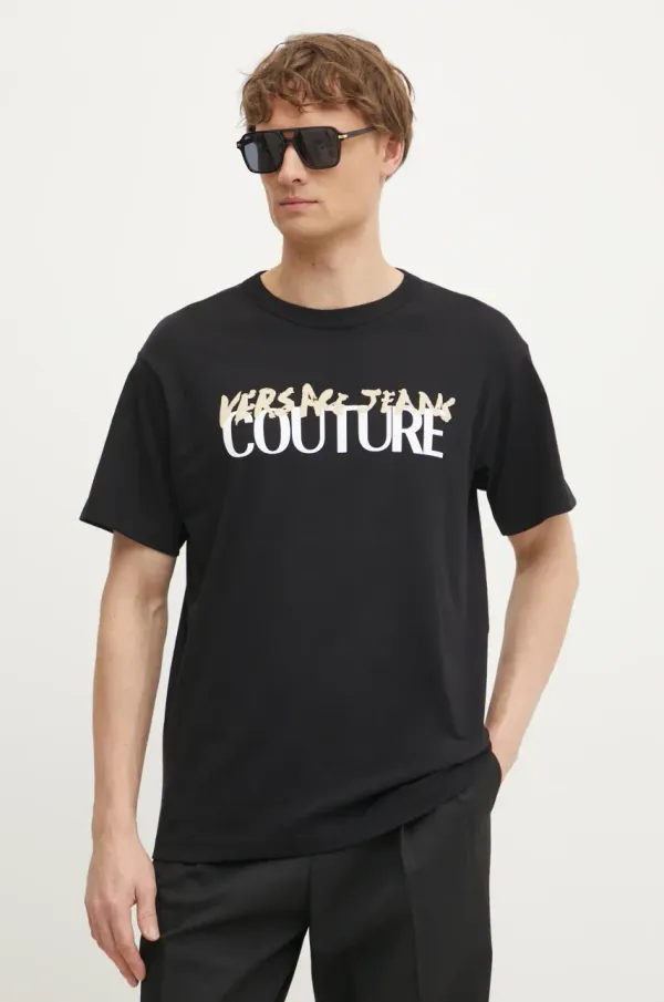 Versace Jeans Couture Pamučna majica Versace Jeans Couture za muškarce, boja: crna, s tiskom, 78GAHE06 CJ00E