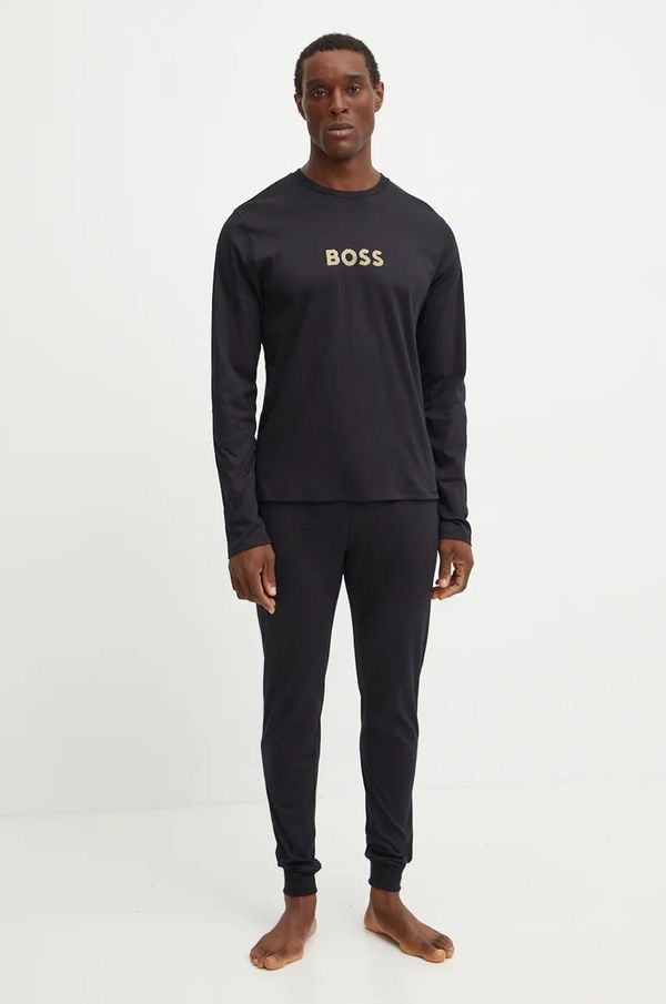 Boss Pamučna pidžama BOSS boja: crna, s tiskom, 50527499