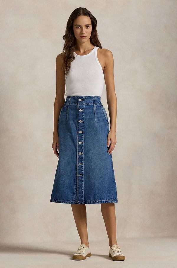 Polo Ralph Lauren Pamučna traper suknja Polo Ralph Lauren midi, širi se prema dolje, 211959036