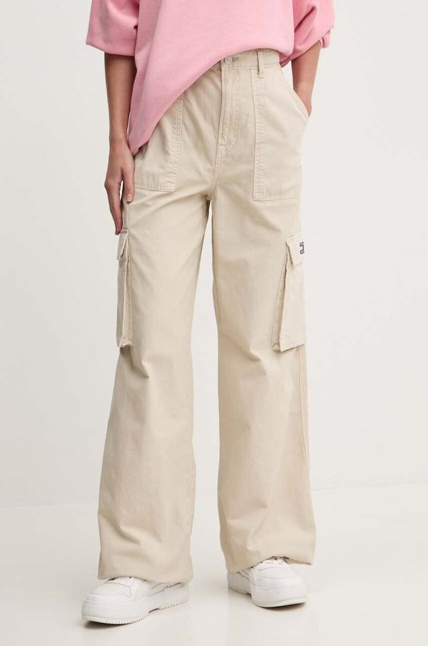 Tommy Jeans Pamučne hlače Tommy Jeans boja: bež, široke, visoki struk, DW0DW18507