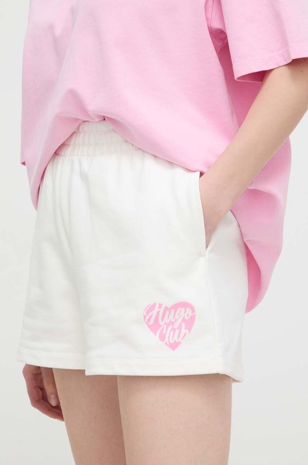 Hugo Pamučne kratke hlače HUGO boja: bež, s tiskom, visoki struk, 50515164