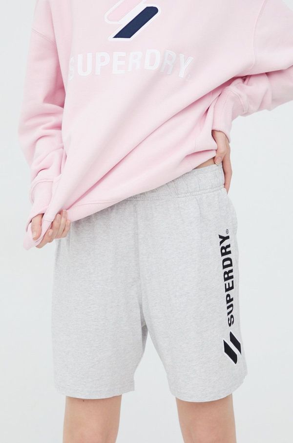 Superdry Pamučne kratke hlače Superdry za žene, boja: siva, s aplikacijom, visoki struk