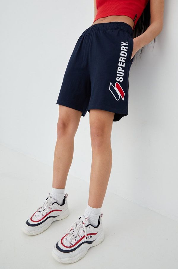 Superdry Pamučne kratke hlače Superdry za žene, boja: tamno plava, s aplikacijom, visoki struk