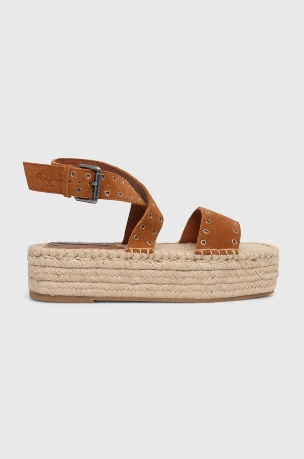 Pepe Jeans Sandale od brušene kože Pepe Jeans PLS90657 za žene, boja: smeđa, s platformom, TRACY ANTIQUE