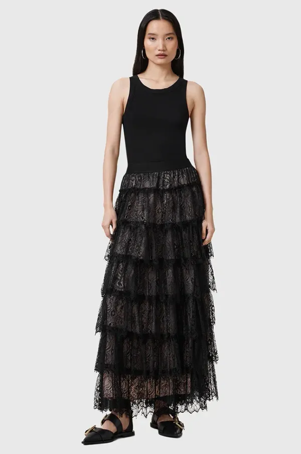 AllSaints Suknja AllSaints RORY boja: crna, maxi, širi se prema dolje, W058RC