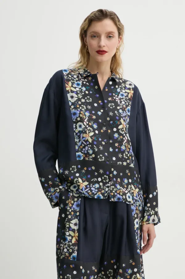 MUNTHE Svilena košulja MUNTHE FAIZA boja: tamno plava, relaxed, s klasičnim ovratnikom, 251101025118