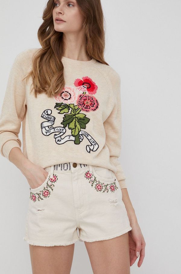 Desigual Traper kratke hlače Desigual za žene, boja: bež, s aplikacijom, visoki struk