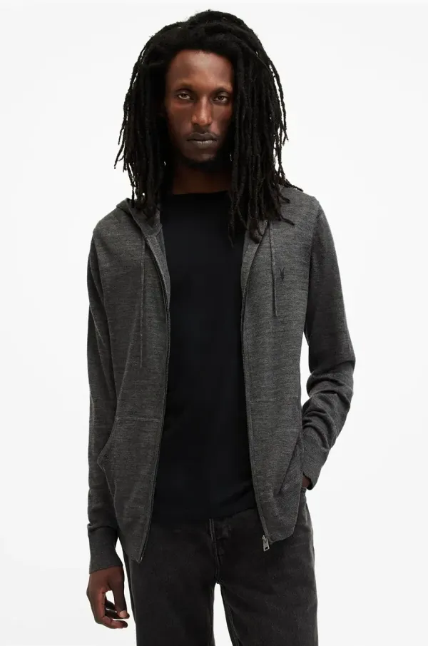 AllSaints Vunena dukserica AllSaints MODE MERINO ZIP HOOD boja: siva, s kapuljačom, melanž, M084KB