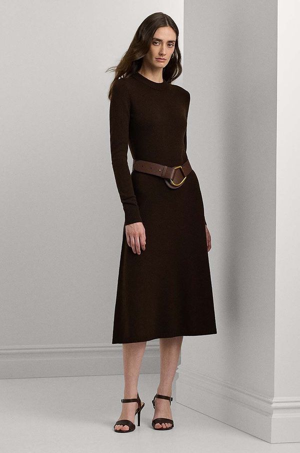 Lauren Ralph Lauren Vunena haljina Lauren Ralph Lauren boja: smeđa, midi, širi se prema dolje, 200841666