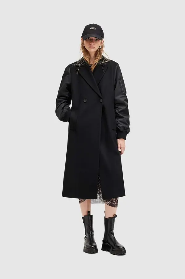 AllSaints Vuneni kaput AllSaints PAULAH boja: crna, za prijelazno razdoblje, kopčanje u dva reda, W007OZ