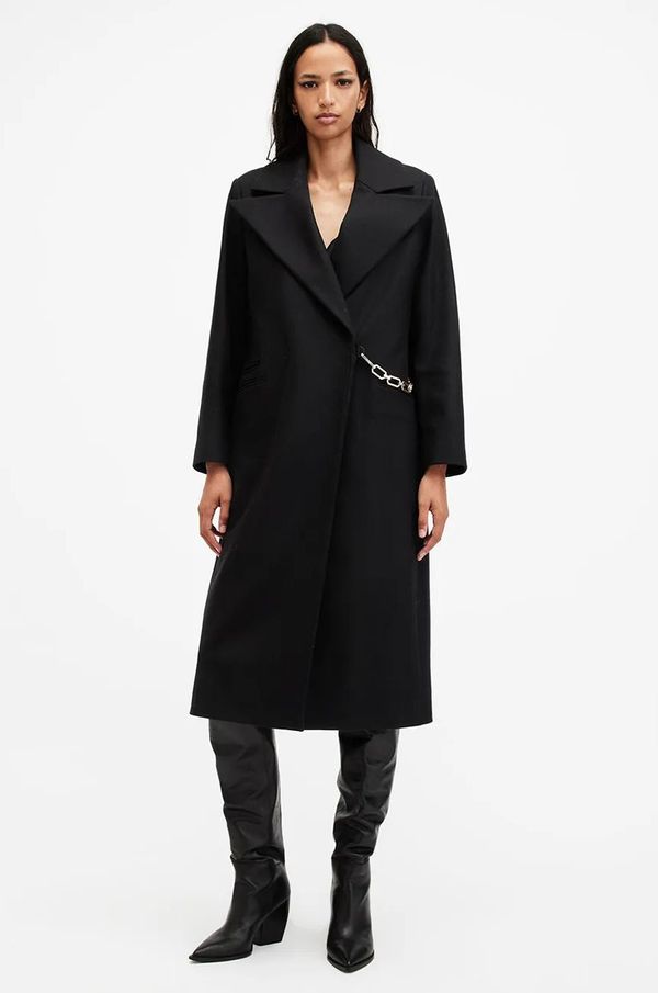 AllSaints Vuneni kaput AllSaints SIMONE boja: crna, za prijelazno razdoblje, kopčanje u dva reda, W052OB