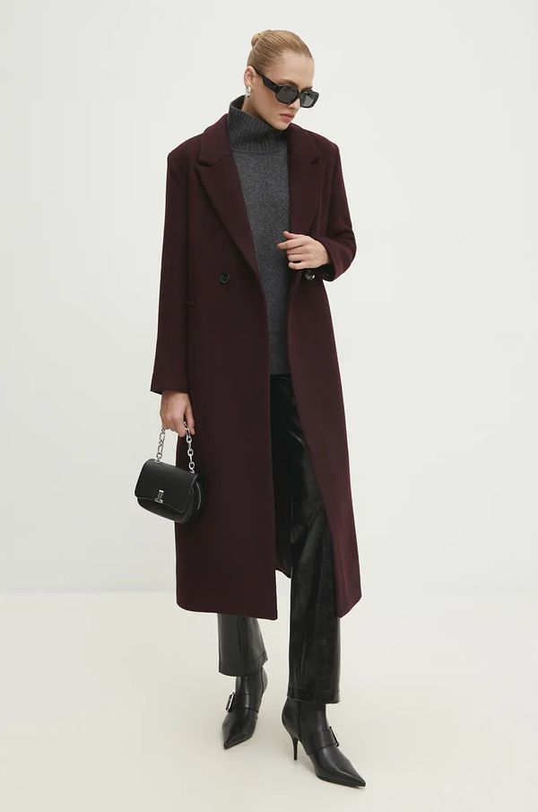 Answear Lab Vuneni kaput Answear Lab boja: bordo, za prijelazno razdoblje, kopčanje u dva reda