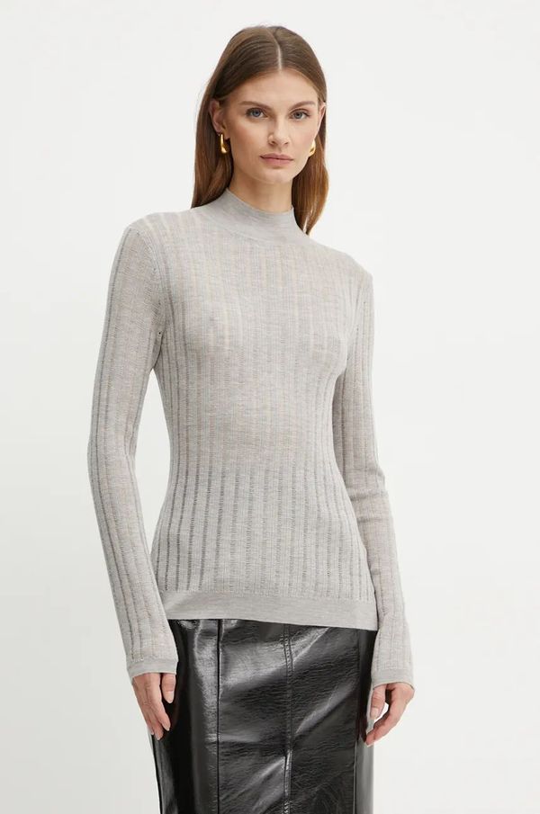 Boss Vuneni pulover BOSS za žene, boja: siva, lagani, s poludolčevitom, 50523736