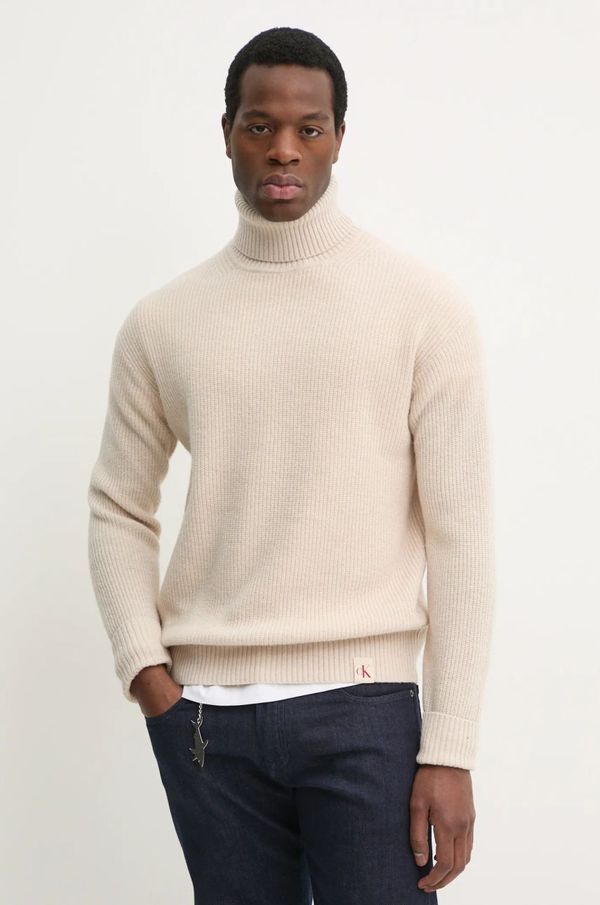 Calvin Klein Jeans Vuneni pulover Calvin Klein Jeans za muškarce, boja: bež, s dolčevitom, J30J326739