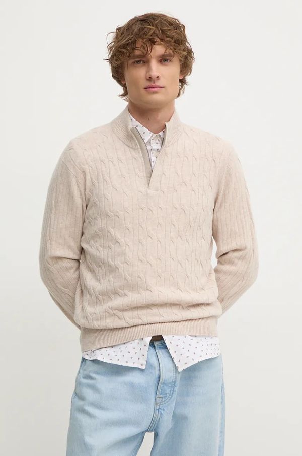 Hackett London Vuneni pulover Hackett London za muškarce, boja: bež, lagani, s poludolčevitom, HM703242