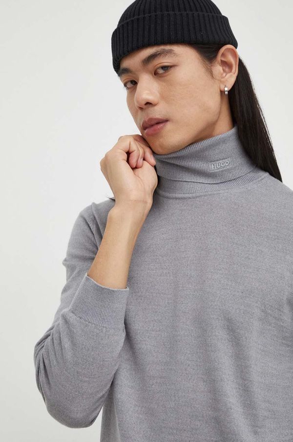 Hugo Vuneni pulover HUGO za muškarce, boja: siva, lagani, s dolčevitom