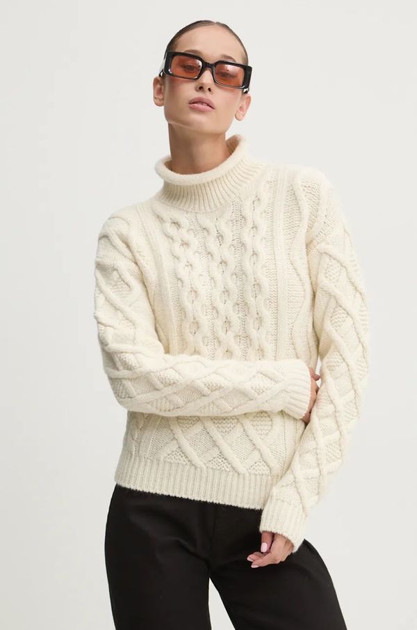 Hugo Vuneni pulover HUGO za žene, boja: bež, topli, s dolčevitom, 50527692