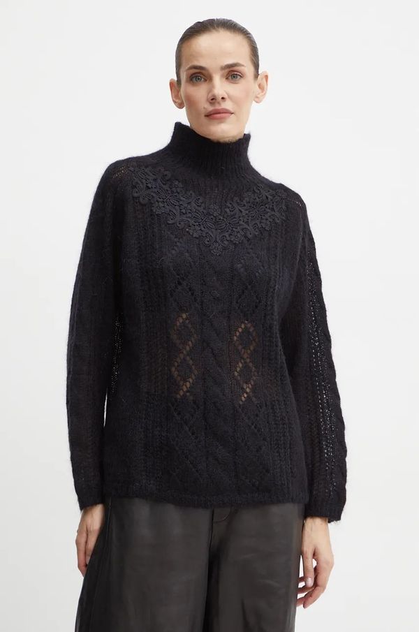 Twinset Vuneni pulover Twinset za žene, boja: crna, s poludolčevitom, 242TP3420