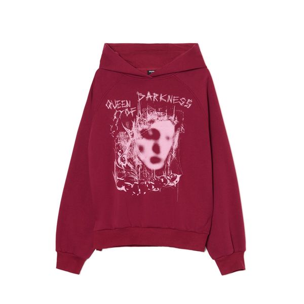 Cropp Cropp - Majica s kapuljačom s printom - boja kestena