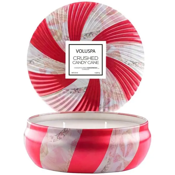 Voluspa VOLUSPA Crushed Candy Cane 3 Wick Tin Candle Mirisna Svijeća 340 g