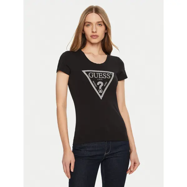 Guess Guess T-shirt SS CN SHINY TRIANGLE Crna Shirt Fit