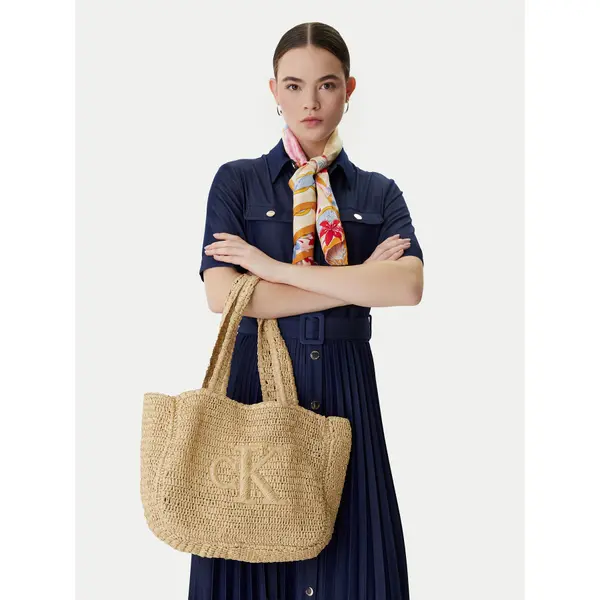 Calvin Klein Torbica Calvin Klein Bold Ck Raffia Medium Tote LV04F3447G Bež