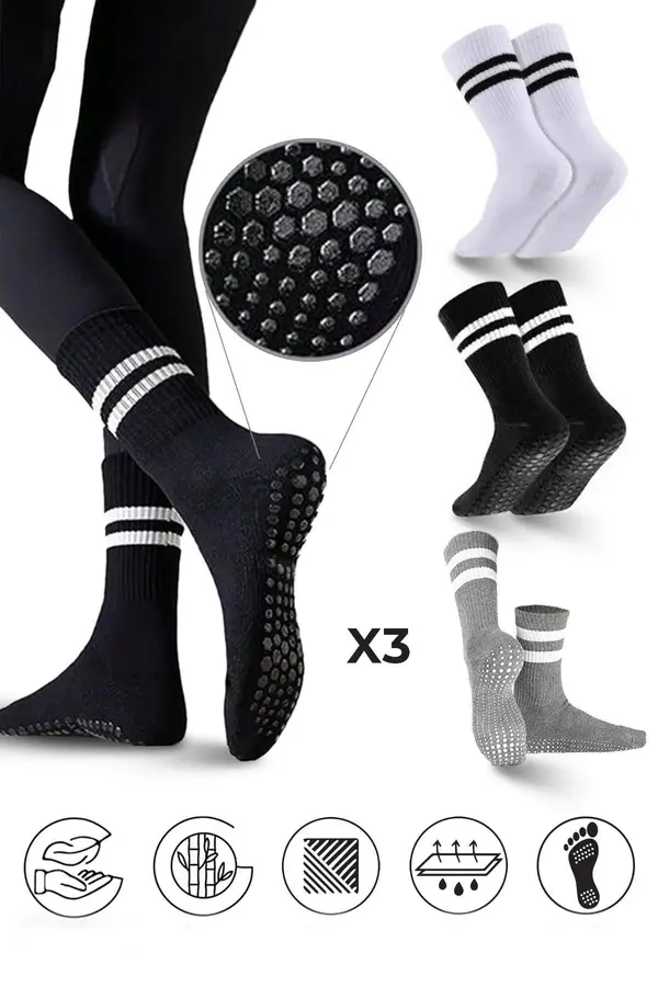 dewberry 01575 Dewberry 3-Pack Silicone Grip Non-Slip Sports Socks-WHITE-BLACK-GREY