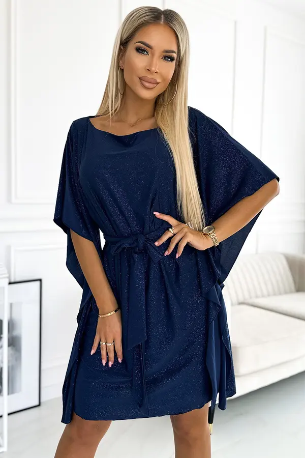 NUMOCO 287-25 SOFIA Butterfly dress with a binding at the waist - navy blue with glitter