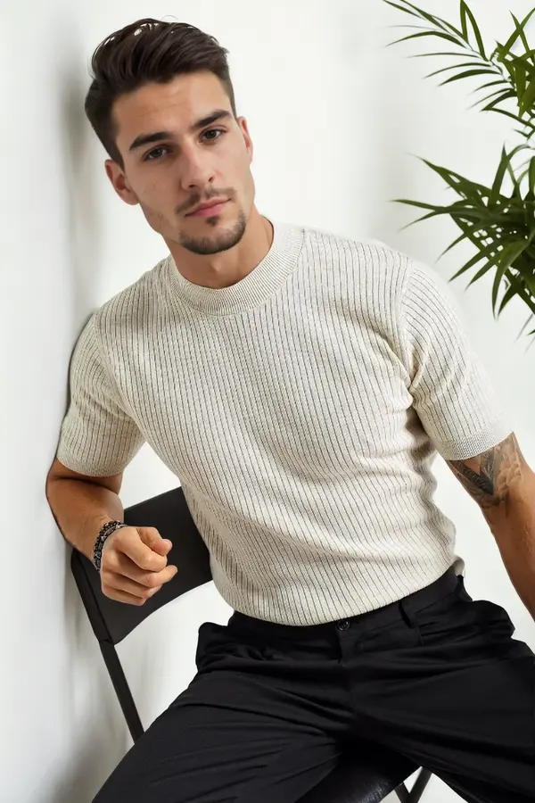 dewberry 33307 Dewberry Mens Crew Neck Short Sleeve Thin Knit Sweater-BEIGE