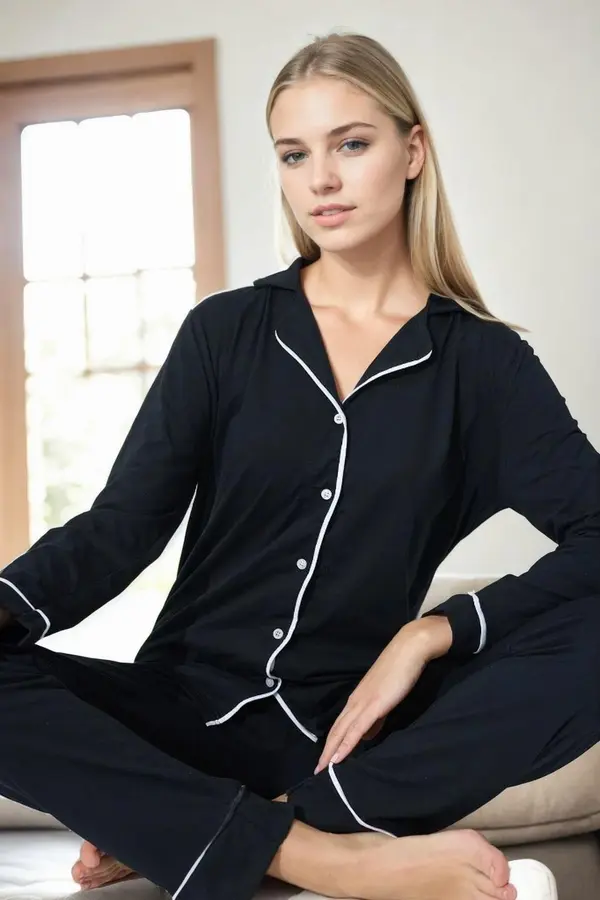 dewberry 39374 Dewberry Cotton Buttoned Women Pyjama Set-BLACK-WHITE