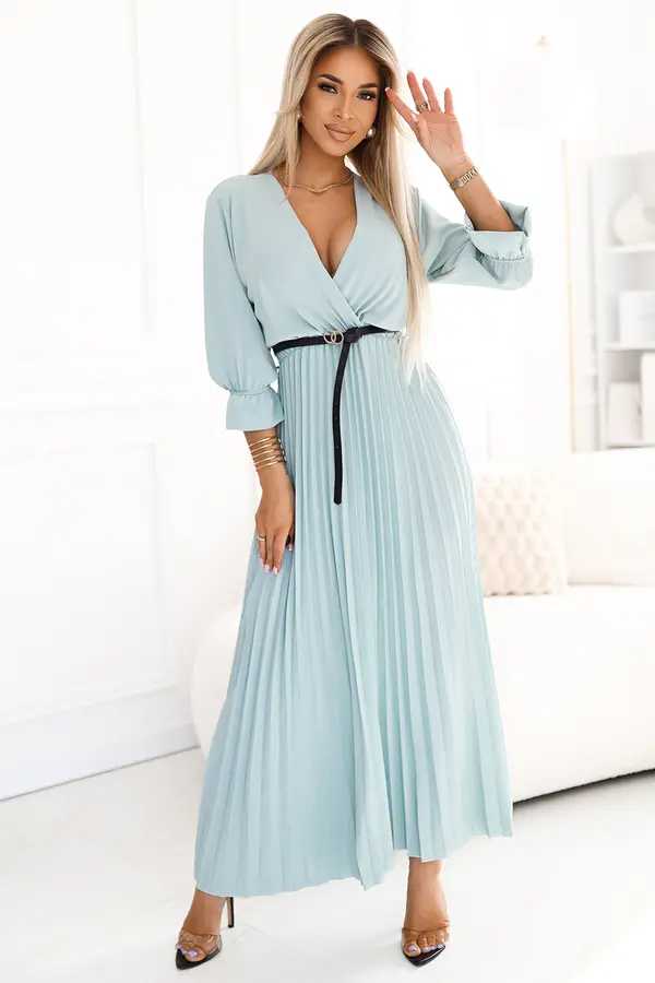 numoco basic 462-3 SERENA Pleated maxi dress with neckline, belt and 3/4 sleeves - Pastel Sage