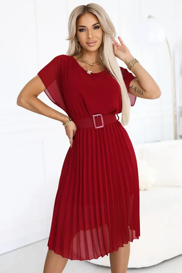 numoco basic 465-5 MIA Pleated Chiffon Midi Dress with Wide Belt - Burgundy