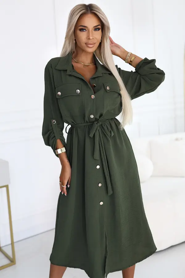 numoco basic 531-5 Midi Shirt Dress with Gold Buttons and Tie - KHAKI