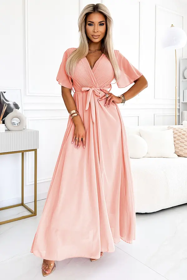 numoco basic 545-4 Long dress with pleated neckline and tie - peach color