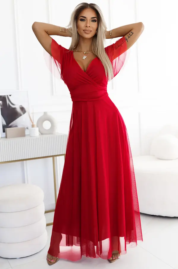 numoco basic 562-7 NASTIA Long dress with a neckline and short sleeves - red
