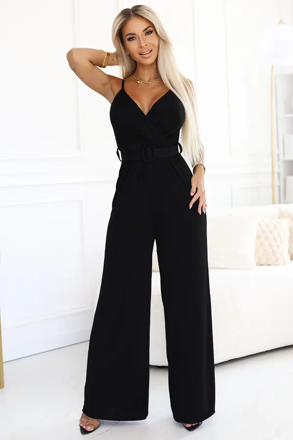 numoco basic 593-3 Elegant Jumpsuit with Wrap Neckline, Wide Legs and Belt – Black