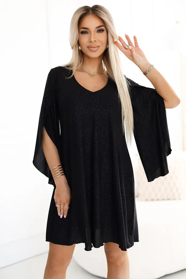 NUMOCO 597-1 LIVIA Elegant trapeze dress with butterfly sleeves - black with glitter