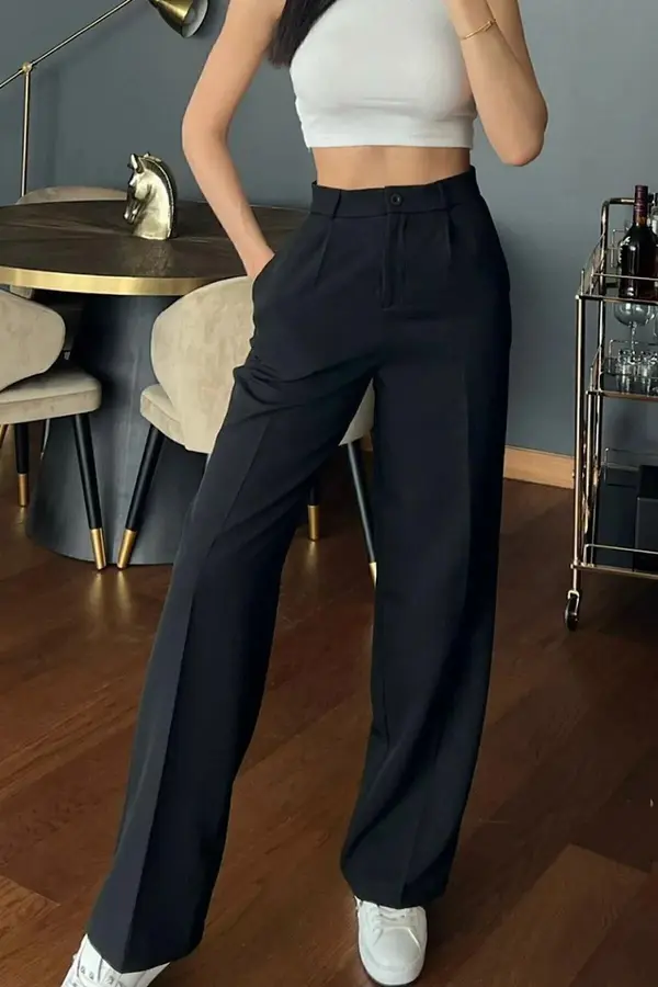 dewberry 60948 Dewberry Oversize Women Trousers-BLACK