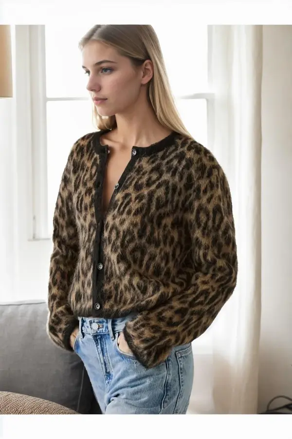 dewberry 61353 Dewberry Leopard Patterned Cardigan-COFFEE