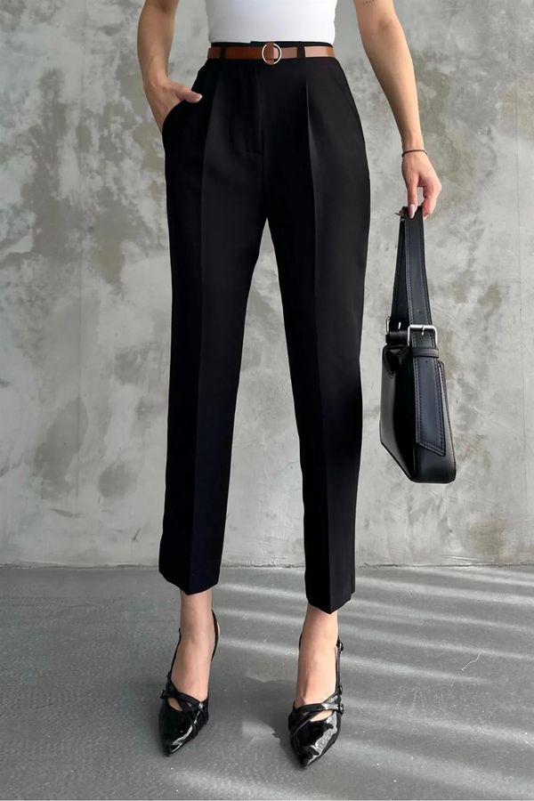 dewberry 67537 Dewberry Skinny Leg Belted Women Trousers-BLACK